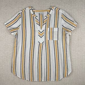 Van Heusen‎ Womens Top M White Yellow Linen Cotton Blend Striped Coastal Blouse